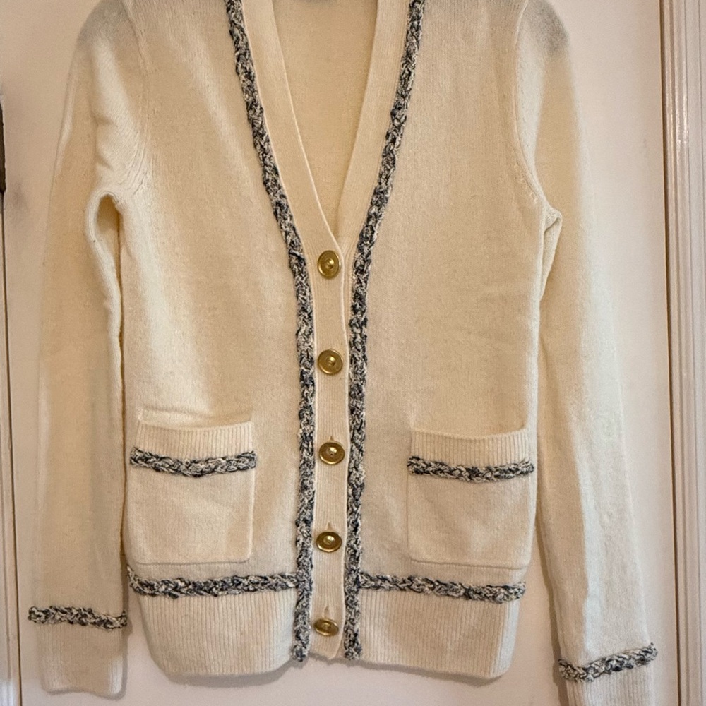 St. John Cream Cardigan with Black Trim and Gold Buttons